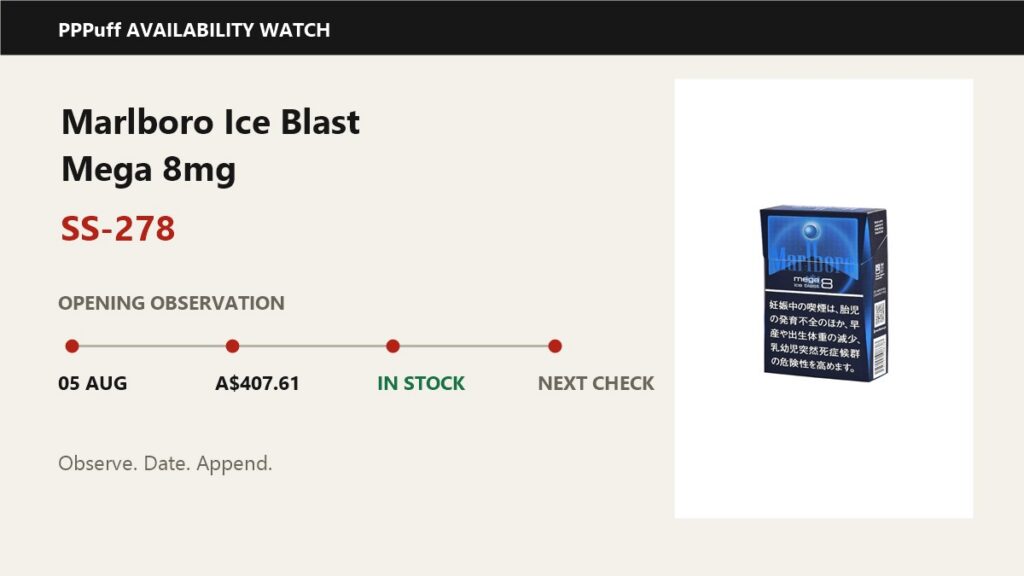 PPPuff availability watch graphic with Marlboro Ice Blast Mega 8mg, SS-278 and a dated observation timeline