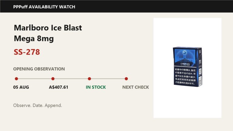 PPPuff availability watch graphic with Marlboro Ice Blast Mega 8mg, SS-278 and a dated observation timeline